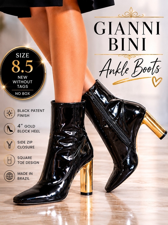 Gianni Bini Shoes - Gianni Bini Mavis Black Patent Ankle Boots Gold Sculpted Block 4" Heel 8.5 NWOT